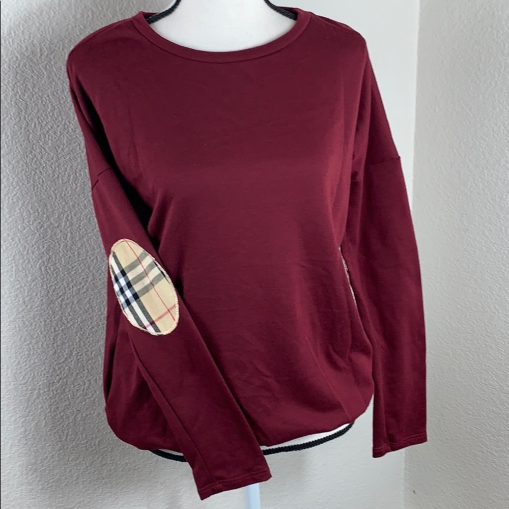 Brenda’s  long sleeve top burgundy & plaid patches